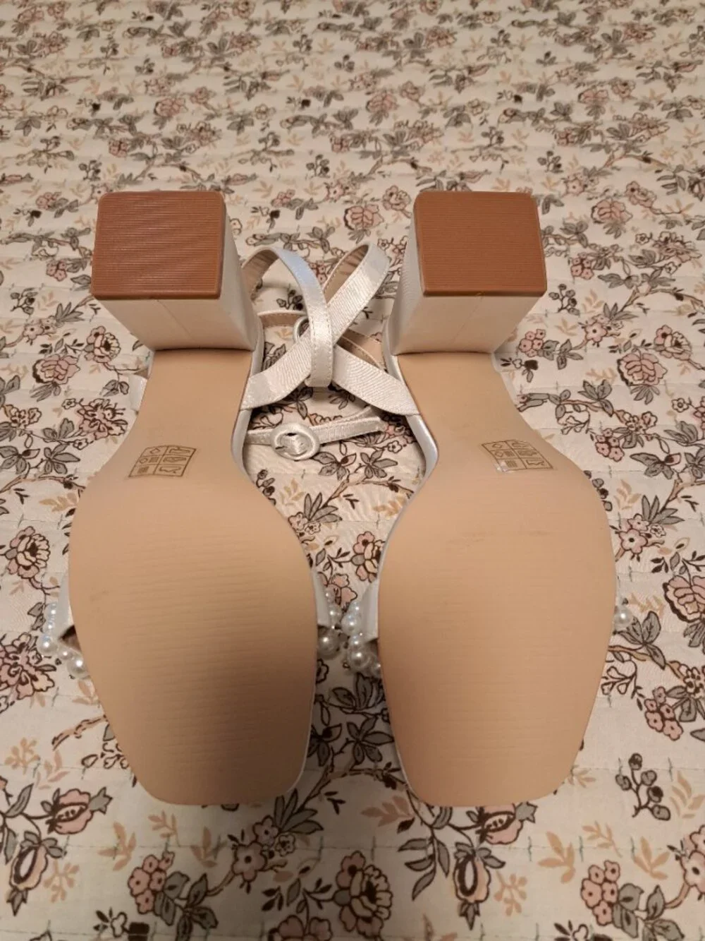 Beatta White Satin Pearl Ankle Strap High Heel Sandals Sz 8.5